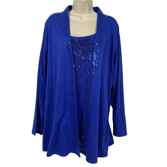Quacker Factory Tops - Quacker Factory Top Womens 2X Blue Sequin Tank Cardigan TwoFer 2Fer Layered Look